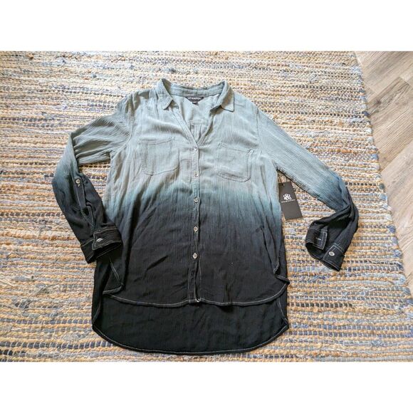 NWT Rock & Republic Ombré Button Up Shirt Blue L Dip Dye L/S Crinkle Sh - Picture 2 of 9